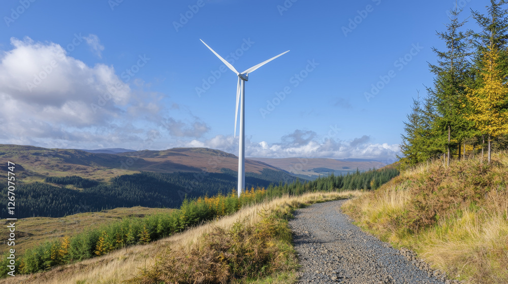 scenic landscape featuring wind turbine, gravel path, and lush greenery under blue sky