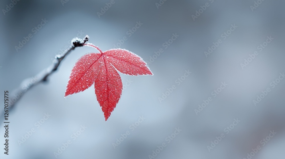 Frozen red leaf on branch, snowy background, winter nature scene, seasonal wallpaper Frozen red leaf on branch, snowy background, winter nature scene, seasonal wallpaper