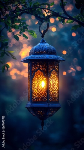 A beautifully crafted lantern hangs from a branch, casting warm light into the evening. Surrounding bokeh creates a magical atmosphere, embodying the spirit of Ramadan and the joy of Eid al Fitr photo