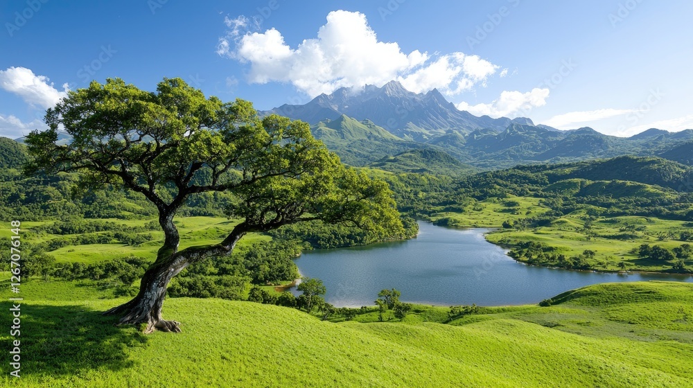 Fototapeta premium Lone tree on hill overlooking lake and mountains; idyllic landscape