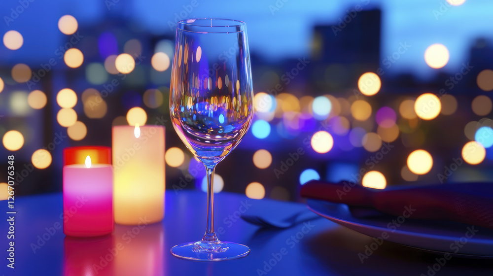 beautifully set table with wine glass, candles, and colorful bokeh lights creates romantic atmosphere beautifully set table with wine glass, candles, and colorful bokeh lights creates romantic atmosphere