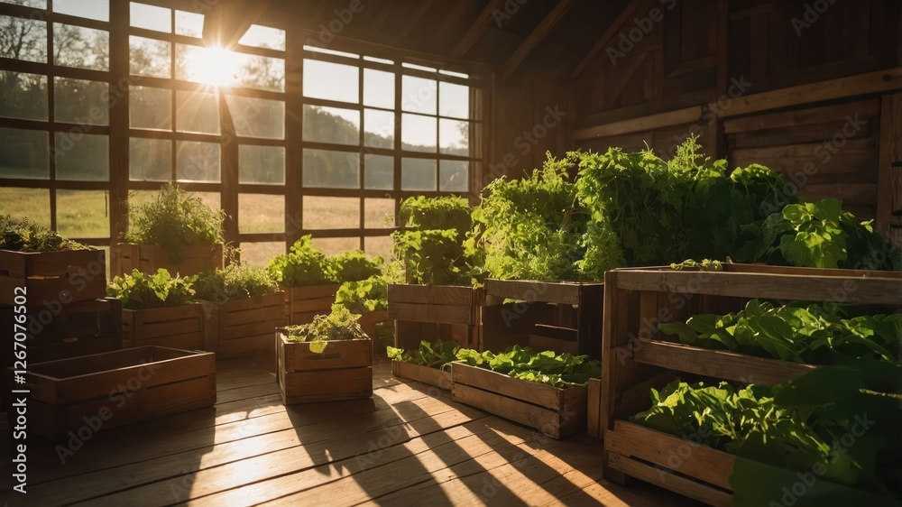A sunlit barn filled with fresh greens and wooden crates, showcasing a bountiful harvest. A sunlit barn filled with fresh greens and wooden crates, showcasing a bountiful harvest.