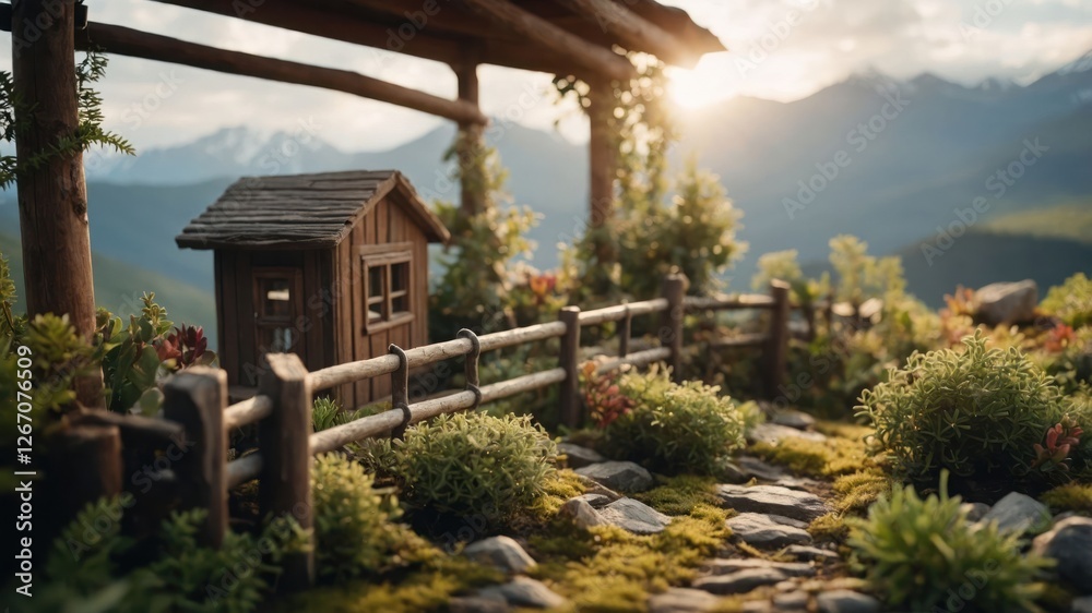 A serene miniature landscape featuring a wooden cabin, garden, and mountains at sunset. A serene miniature landscape featuring a wooden cabin, garden, and mountains at sunset.