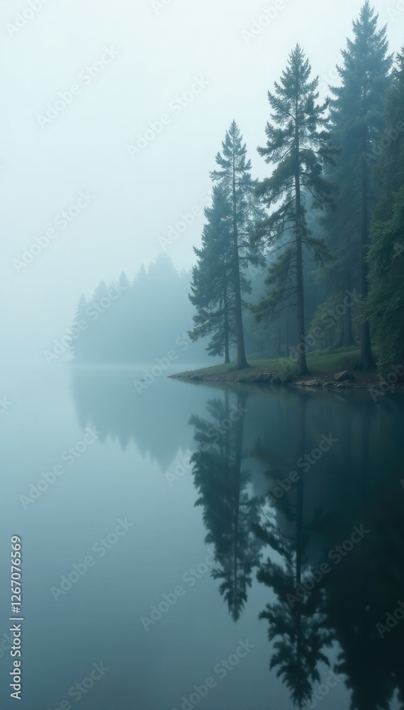 Fototapeta premium Misty lake surface reflects towering trees with silvery gray hues, mist, clouds
