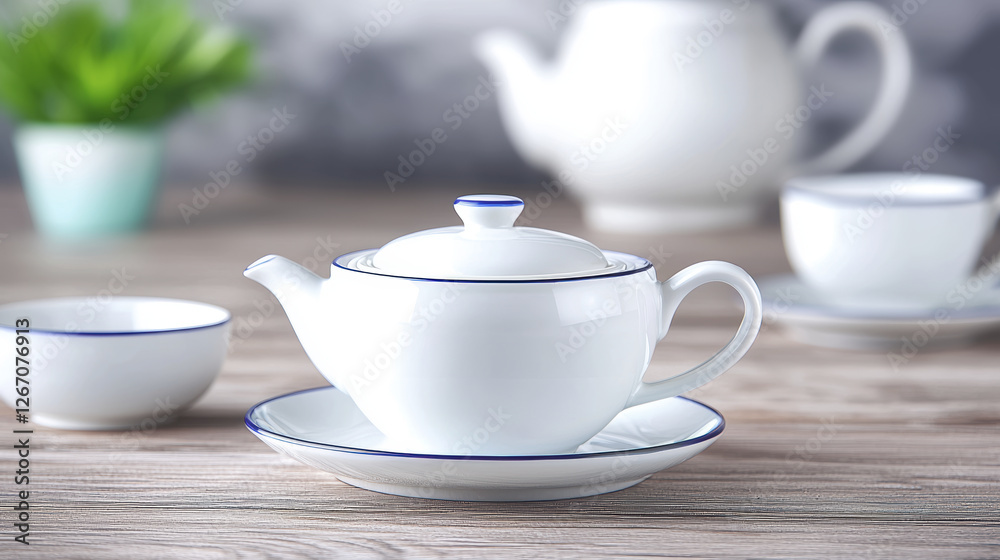 Elegant white teapot with blue trim on wooden table, surrounded by tea cups and plant. Perfect for tea lovers and cozy gatherings Elegant white teapot with blue trim on wooden table, surrounded by tea cups and plant. Perfect for tea lovers and cozy gatherings