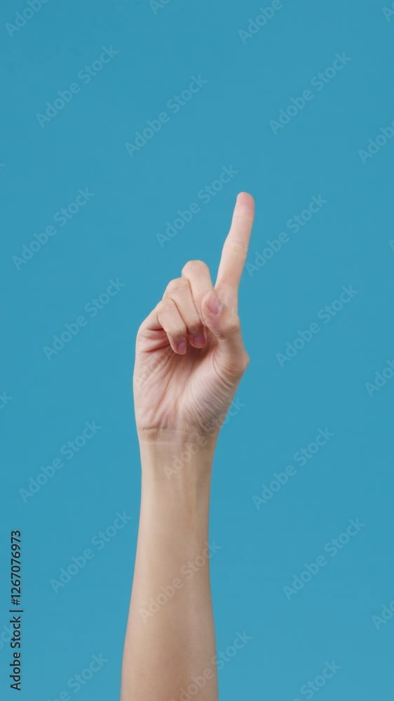 Vertical Screen : Woman hand counting 1 to 5 with finger isolated over blue background in studio. Copy space place text, message for advertisement. Advertising area, mock up content. Close up shot. Vertical Screen : Woman hand counting 1 to 5 with finger isolated over blue background in studio. Copy space place text, message for advertisement. Advertising area, mock up content. Close up shot.