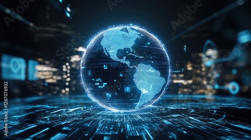 A holographic Earth with a digital data overlay, symbolizing global connectivity.