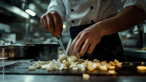 Chef skillfully chops fresh vegetables in a bustling kitchen during evening service hours