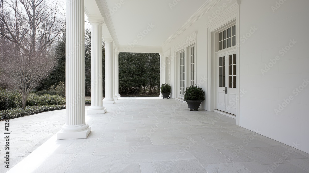 Fototapeta premium White columns of the West Colonnade at the White House stand along an empty walkway under bright daylight.