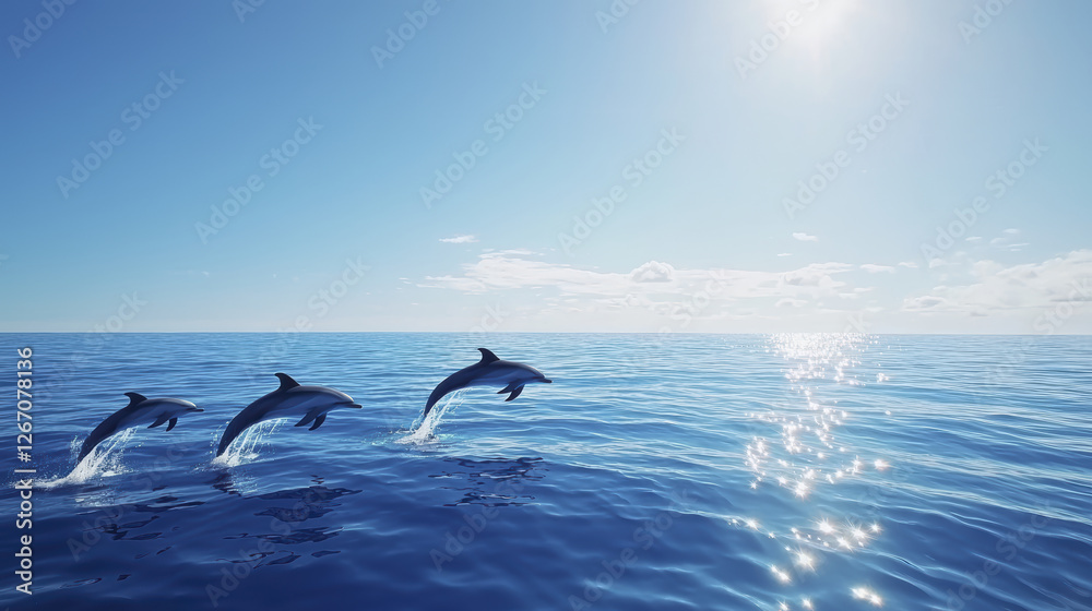 Naklejka premium Dolphins jumping over calm ocean waters under bright sun, creating serene atmosphere