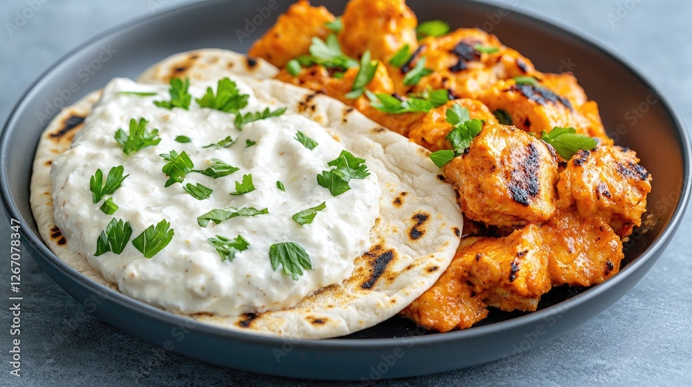 Grilled chicken, yogurt sauce, pita bread. Delicious meal Grilled chicken, yogurt sauce, pita bread. Delicious meal
