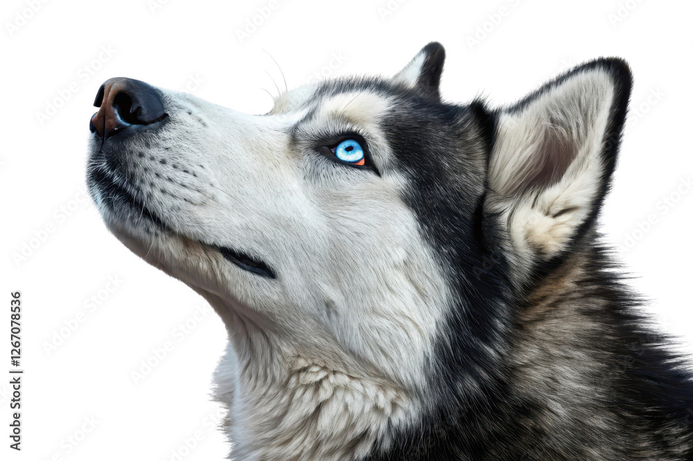 Fototapeta premium Majestic Siberian Husky with Striking Blue Eyes Gazing Upwards in Natural Setting