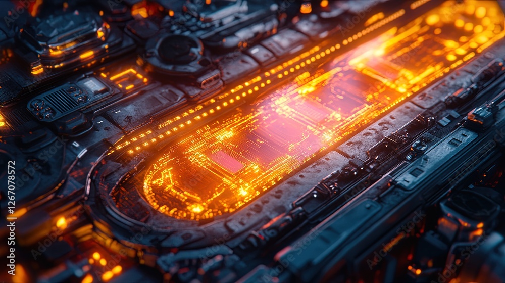 Fototapeta premium A close-up of glowing circuitry embedded in a futuristic research tool, detailed and innovative 