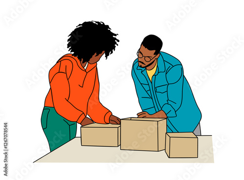 Black entrepreneurs, african american Man and woman, small business owners preparing, packaging orders from their online ecommerce store. Digital Business scene vector colorful illustration isolated.