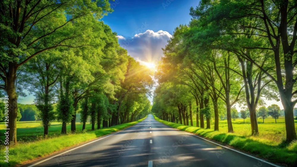 Fototapeta premium Asphalt road lined with lush green trees under a bright summer sun