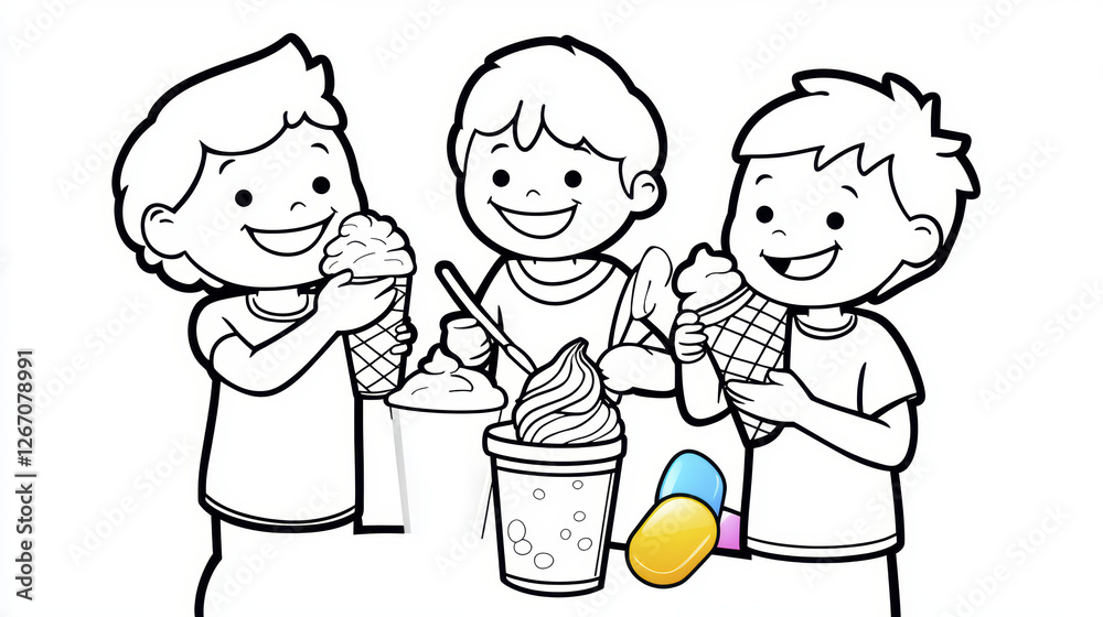 Three happy children enjoying ice cream cones and cup of soft serve, expressing joy and excitement in fun coloring activity Three happy children enjoying ice cream cones and cup of soft serve, expressing joy and excitement in fun coloring activity