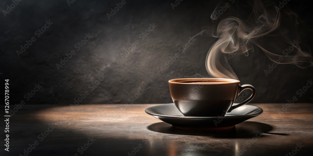 Aromatic Steam Rising from a Dark Cup of Coffee on a Rustic Table
