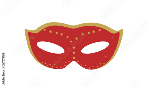 The theatrical mask is red on a white background,