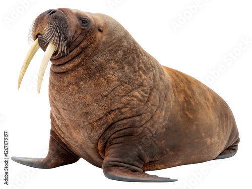 Large Walrus Sitting on a Rocky Shore with Prominent Tusks and Thick Blubber