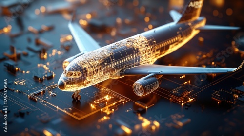 Model airplane on blue background showcasing digital twin technology for aircraft maintenance and operations