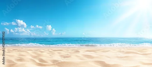 Panel kuchenny z motywem panoramic view of beautiful beach with white sand and clear blue water under sunny sky, creating serene and inviting atmosphere