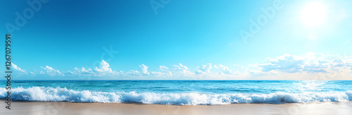 panoramic view of beautiful sea with waves gently crashing on sandy shore under clear blue sky, creating serene and tranquil atmosphere
