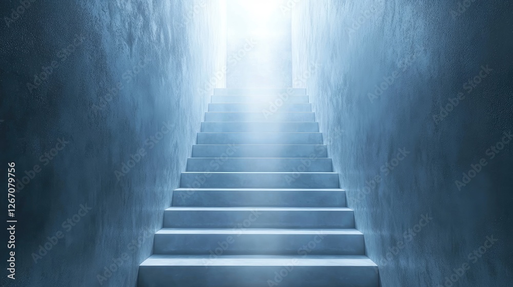 A set of stairs ascending towards a radiant light, symbolizing progress, determination, and goal attainment. A set of stairs ascending towards a radiant light, symbolizing progress, determination, and goal attainment.