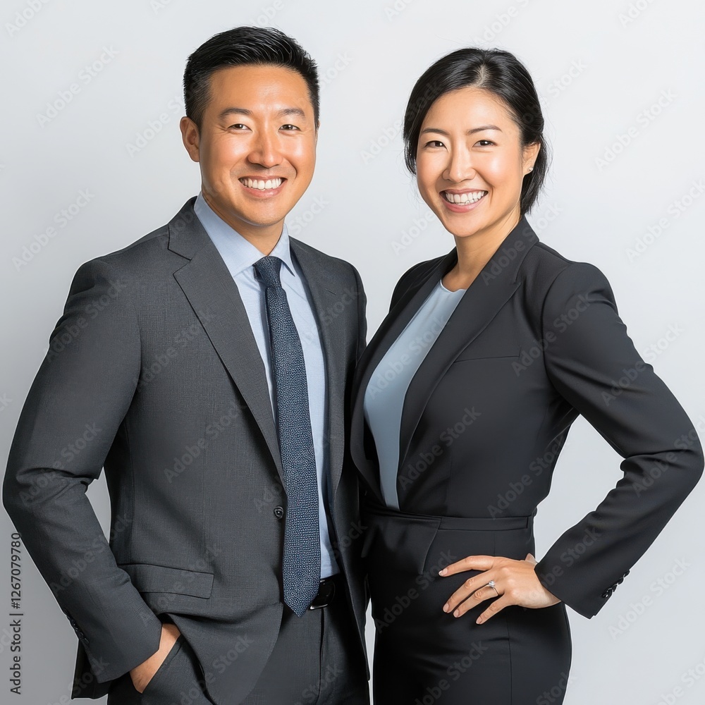 Confident Business Professionals Portrait: Smiling Asian Man and Woman in Suits Confident Business Professionals Portrait: Smiling Asian Man and Woman in Suits
