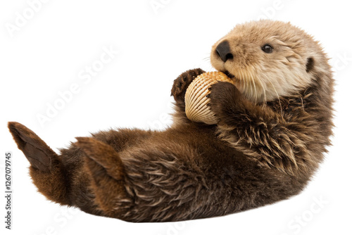 Adorable River Otter Relaxing with a Shell in a Playful Pose on a White Background