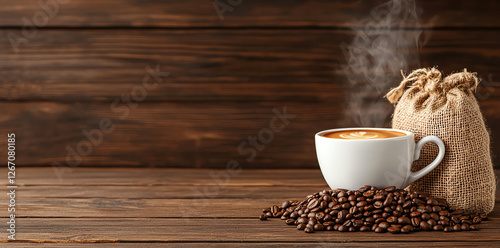 steaming cup of coffee sits on wooden table beside burlap sack of coffee beans, creating warm and inviting atmosphere