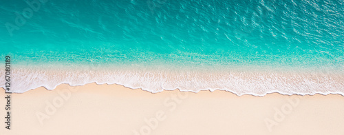 A pristine white sand against a backdrop of turquoise ocean waters ,brilliant turquoise. The sky above is a clear, vibrant blue, ,tropical beach ,natural beauty , coastal paradise.