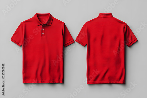 Mockup of a red polo shirt on gray background showing front and back view.