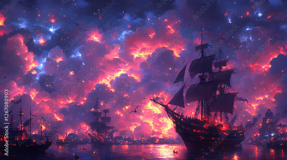 Fototapeta premium Crimson Sails Under a Starry Veil: A fleet of majestic ships sails through a twilight harbor, their silhouettes stark against a breathtaking sky of fiery clouds and twinkling stars.