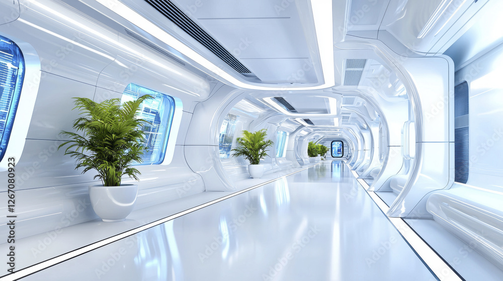 Obraz premium futuristic hallway with sleek white walls, bright lighting, and green plants creates serene atmosphere