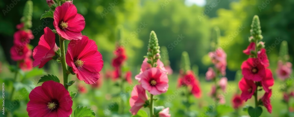 Tall hollyhock flowers in a lush green garden, botanical, flower Tall hollyhock flowers in a lush green garden, botanical, flower