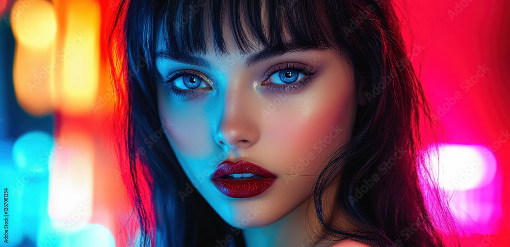 Obraz premium Fashion model with black hair presents an alluring look featuring bold makeup while surrounded by bright, colorful lights in a stylish environment