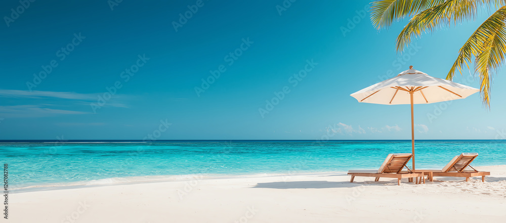 Obraz premium tropical beach with white sand, turquoise water, and clear blue sky, featuring two wooden lounge chairs under large umbrella, shaded by palm leaves
