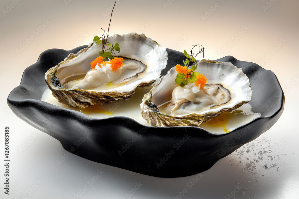 Elegant oysters served in their shells, garnished with tobiko, finely chopped onions, microgreens, and drizzled with olive oil on a black dish. Elegant oysters served in their shells, garnished with tobiko, finely chopped onions, microgreens, and drizzled with olive oil on a black dish.