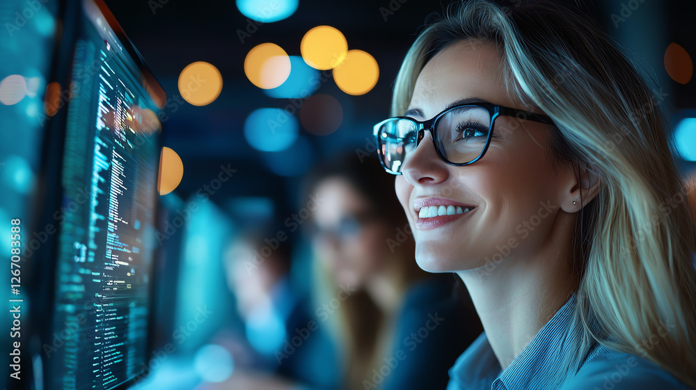 woman with glasses smiles while working on computer in modern office, surrounded by colleagues. environment is illuminated by soft, ambient lighting, creating focused and collaborative atmosphere woman with glasses smiles while working on computer in modern office, surrounded by colleagues. environment is illuminated by soft, ambient lighting, creating focused and collaborative atmosphere