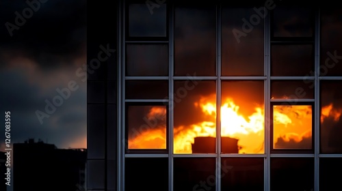 Sunset reflection on modern building windows, contrasting dark clouds and urban skyline