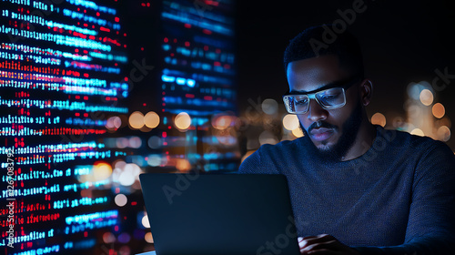 cybersecurity professional is focused on writing code on his laptop, surrounded by digital cityscape at night, with glowing lines of code reflecting on his glasses