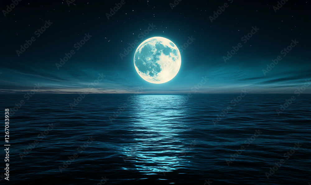 beautiful full moon casts glowing reflection over calm ocean, creating serene and enchanting night scene under starry sky beautiful full moon casts glowing reflection over calm ocean, creating serene and enchanting night scene under starry sky