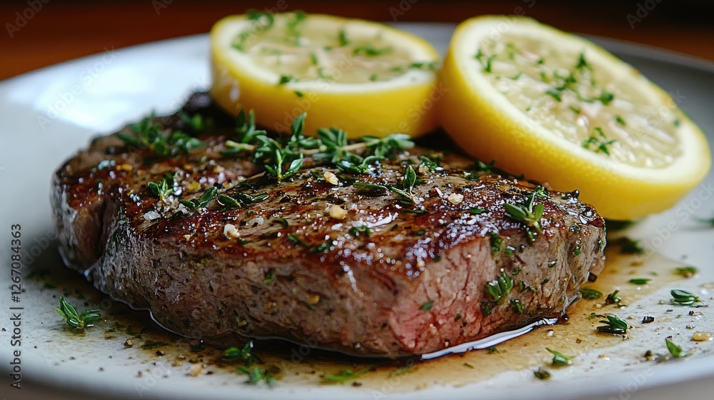Juicy grilled steak garnished with fresh herbs and lemon slices on a rustic plate, inviting ambiance Juicy grilled steak garnished with fresh herbs and lemon slices on a rustic plate, inviting ambiance
