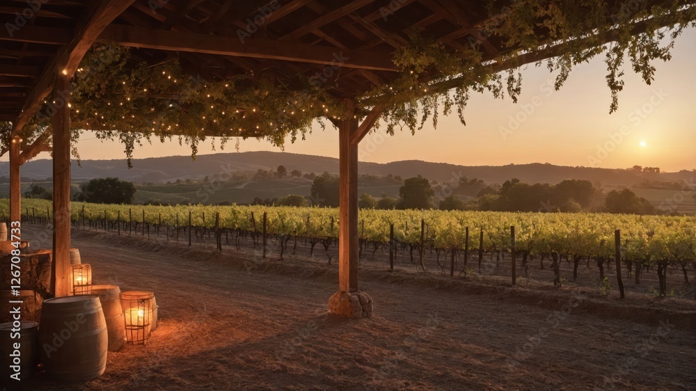 Serene vineyard at sunset with rustic decor and warm lighting. Serene vineyard at sunset with rustic decor and warm lighting.