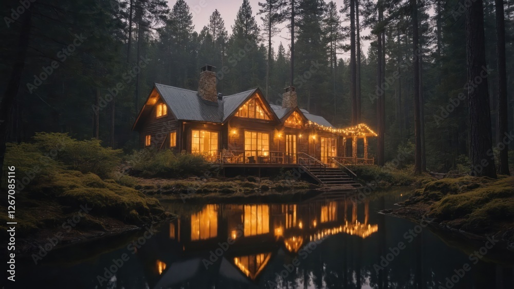 A cozy cabin illuminated at dusk, reflecting in a serene pond surrounded by trees. A cozy cabin illuminated at dusk, reflecting in a serene pond surrounded by trees.