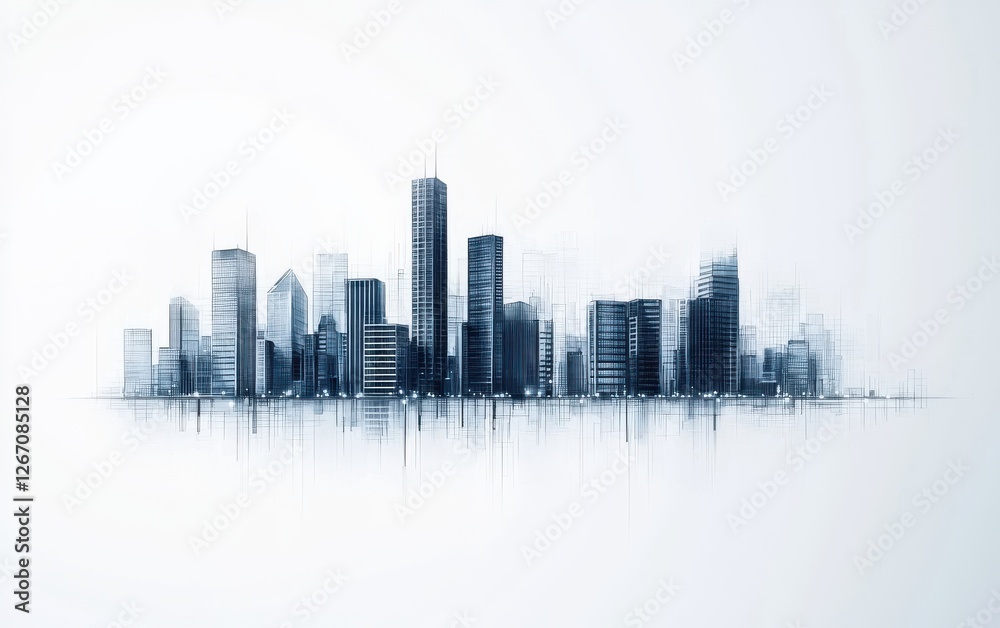 Naklejka premium A minimalist city skyline illustration featuring tall buildings in shades of blue against a light background.