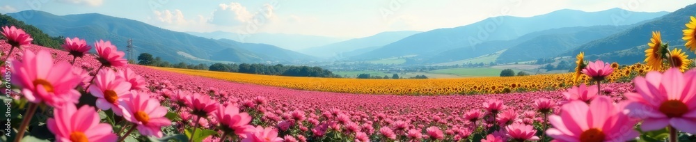 A pink flower-filled landscape with rolling hills and towering mountains in the background, mountains, sunflower fields A pink flower-filled landscape with rolling hills and towering mountains in the background, mountains, sunflower fields