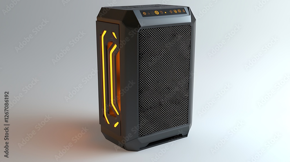 A black speaker with orange accents sits on a white background