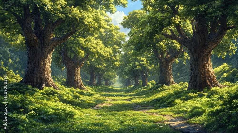 Fototapeta premium Lush green forest pathway lined with majestic trees, sunlight filtering through foliage, serene nature scene