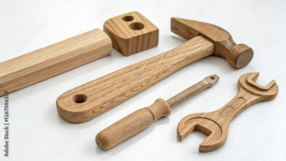 Collection of Wooden Hand Tools Including Hammer, Wrench, and Screwdriver on White Background Collection of Wooden Hand Tools Including Hammer, Wrench, and Screwdriver on White Background